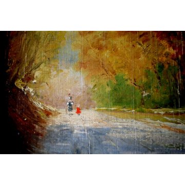 ANTICO QUADRO DIPINTO OLIO TAVOLA PAESAGGIO FIGURE VIALE BOSCO AUTUNNO 900