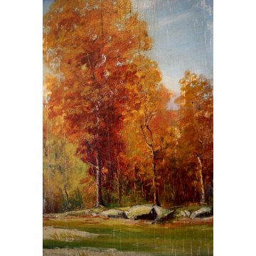 ANTICO QUADRO DIPINTO OLIO TAVOLA PAESAGGIO FIGURE VIALE BOSCO AUTUNNO 900