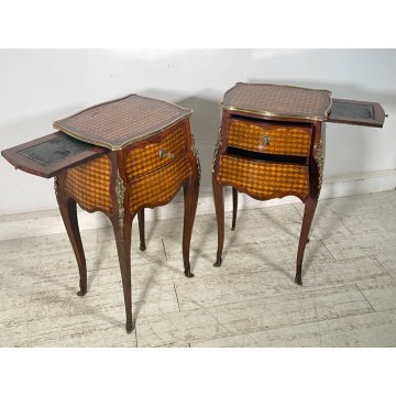 COPPIA COMODINI LUIGI XV LEGNO INTARSIATO EPOC 900 CASSETTI DECORI BRONZO DORATO