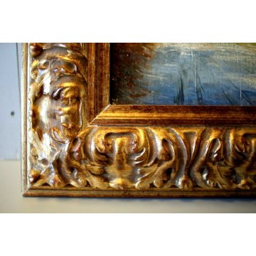 ANTICO QUADRO DIPINTO OLIO TAVOLA PAESAGGIO FIGURE VIALE BOSCO AUTUNNO 900