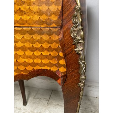 COPPIA COMODINI LUIGI XV LEGNO INTARSIATO EPOC 900 CASSETTI DECORI BRONZO DORATO