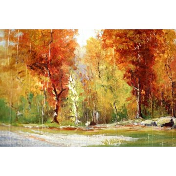 ANTICO QUADRO DIPINTO OLIO TAVOLA PAESAGGIO FIGURE VIALE BOSCO AUTUNNO 900