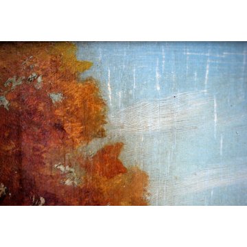 ANTICO QUADRO DIPINTO OLIO TAVOLA PAESAGGIO FIGURE VIALE BOSCO AUTUNNO 900