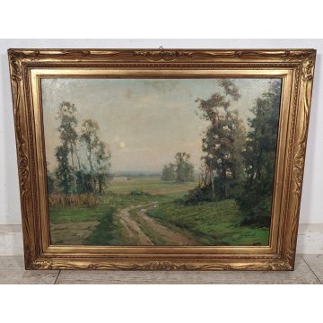 GRANDE ANTICO DIPINTO OLIO TAVOLA Gigi Comolli PAESAGGIO campagna SOLE ALBA