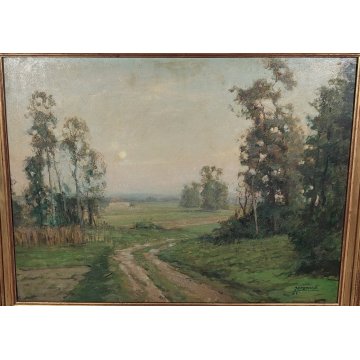 GRANDE ANTICO DIPINTO OLIO TAVOLA Gigi Comolli PAESAGGIO campagna SOLE ALBA