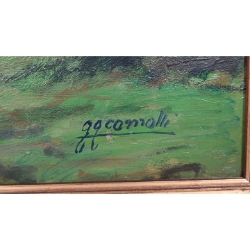 GRANDE ANTICO DIPINTO OLIO TAVOLA Gigi Comolli PAESAGGIO campagna SOLE ALBA