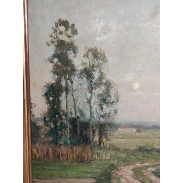 GRANDE ANTICO DIPINTO OLIO TAVOLA Gigi Comolli PAESAGGIO campagna SOLE ALBA