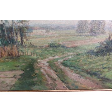 GRANDE ANTICO DIPINTO OLIO TAVOLA Gigi Comolli PAESAGGIO campagna SOLE ALBA