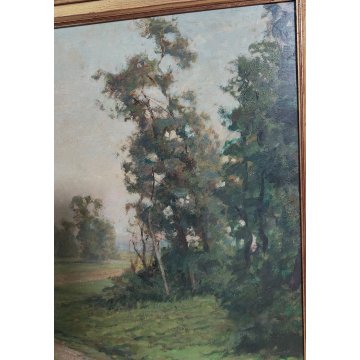 GRANDE ANTICO DIPINTO OLIO TAVOLA Gigi Comolli PAESAGGIO campagna SOLE ALBA