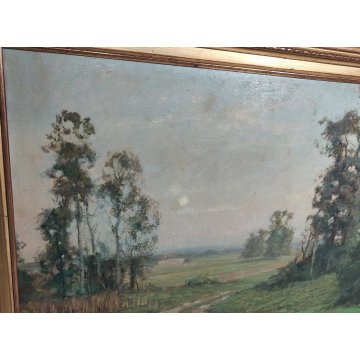 GRANDE ANTICO DIPINTO OLIO TAVOLA Gigi Comolli PAESAGGIO campagna SOLE ALBA