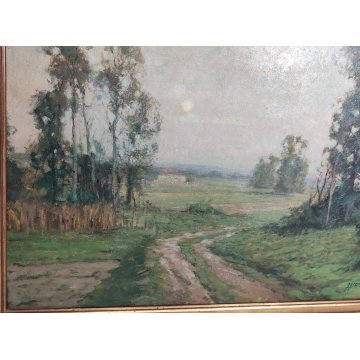 GRANDE ANTICO DIPINTO OLIO TAVOLA Gigi Comolli PAESAGGIO campagna SOLE ALBA