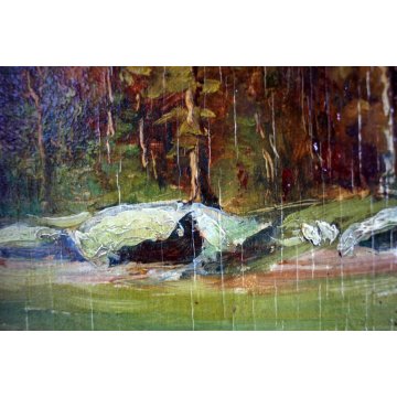 ANTICO QUADRO DIPINTO OLIO TAVOLA PAESAGGIO FIGURE VIALE BOSCO AUTUNNO 900