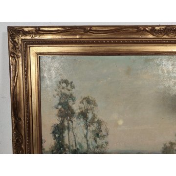 GRANDE ANTICO DIPINTO OLIO TAVOLA Gigi Comolli PAESAGGIO campagna SOLE ALBA