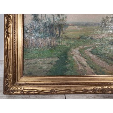 GRANDE ANTICO DIPINTO OLIO TAVOLA Gigi Comolli PAESAGGIO campagna SOLE ALBA