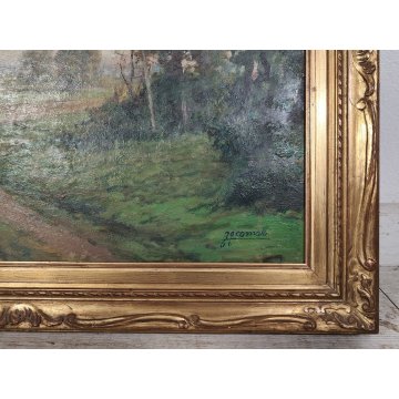 GRANDE ANTICO DIPINTO OLIO TAVOLA Gigi Comolli PAESAGGIO campagna SOLE ALBA