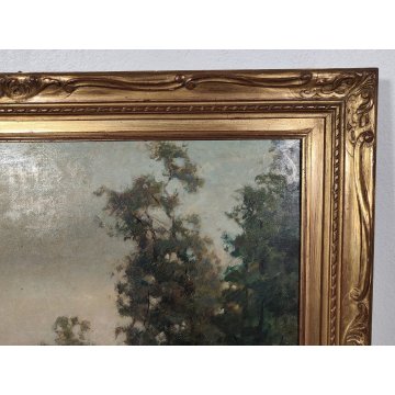 GRANDE ANTICO DIPINTO OLIO TAVOLA Gigi Comolli PAESAGGIO campagna SOLE ALBA