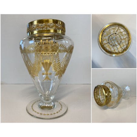 ANTICO VASO CRISTALLO DECORO INCISO DORATO COPERCHIO METALLO FLOWER FROG LID '30