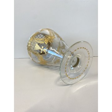 ANTICO VASO CRISTALLO DECORO INCISO DORATO COPERCHIO METALLO FLOWER FROG LID '30