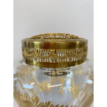 ANTICO VASO CRISTALLO DECORO INCISO DORATO COPERCHIO METALLO FLOWER FROG LID '30