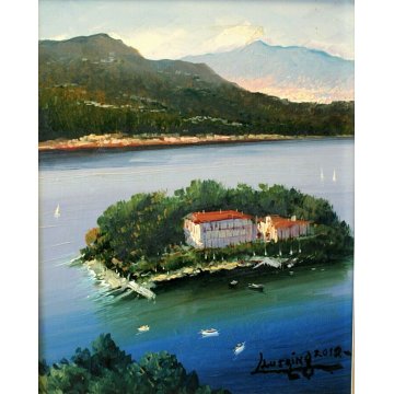  QUADRO OLIO TAVOLA Luciano Lutring VEDUTA ISOLA MADRE STRESA LAGO MAGGIORE 2012