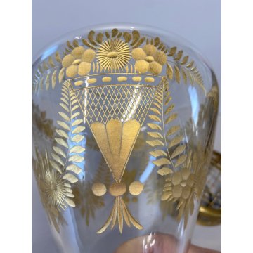 ANTICO VASO CRISTALLO DECORO INCISO DORATO COPERCHIO METALLO FLOWER FROG LID '30