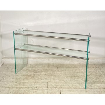 TAVOLO CONSOLLE SALOTTO ANNI 70 ACCIAIO CROMATO VETRO DESIGN VINTAGE LIBRERIA