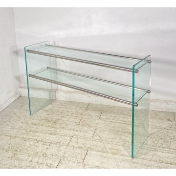 TAVOLO CONSOLLE SALOTTO ANNI 70 ACCIAIO CROMATO VETRO DESIGN VINTAGE LIBRERIA