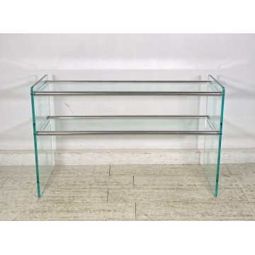 TAVOLO CONSOLLE SALOTTO ANNI 70 ACCIAIO CROMATO VETRO DESIGN VINTAGE LIBRERIA