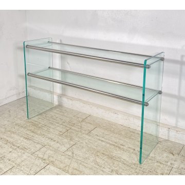 TAVOLO CONSOLLE SALOTTO ANNI 70 ACCIAIO CROMATO VETRO DESIGN VINTAGE LIBRERIA