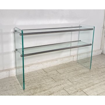 TAVOLO CONSOLLE SALOTTO ANNI 70 ACCIAIO CROMATO VETRO DESIGN VINTAGE LIBRERIA