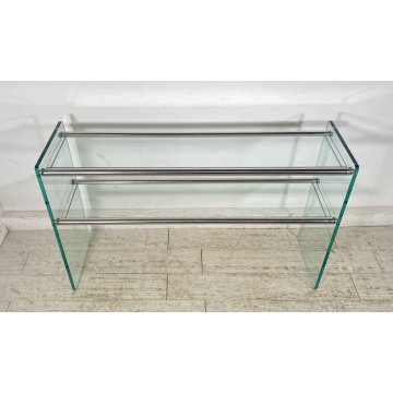 TAVOLO CONSOLLE SALOTTO ANNI 70 ACCIAIO CROMATO VETRO DESIGN VINTAGE LIBRERIA