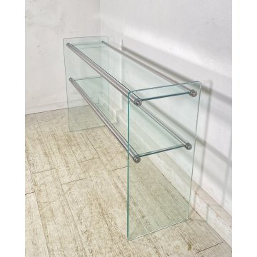 TAVOLO CONSOLLE SALOTTO ANNI 70 ACCIAIO CROMATO VETRO DESIGN VINTAGE LIBRERIA