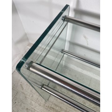 TAVOLO CONSOLLE SALOTTO ANNI 70 ACCIAIO CROMATO VETRO DESIGN VINTAGE LIBRERIA