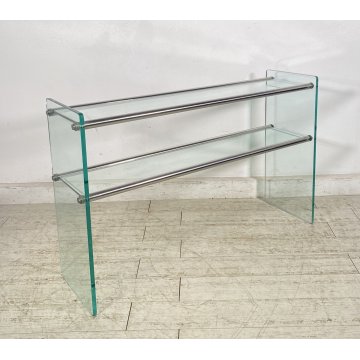 TAVOLO CONSOLLE SALOTTO ANNI 70 ACCIAIO CROMATO VETRO DESIGN VINTAGE LIBRERIA