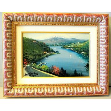  QUADRO OLIO TAVOLA Luciano Lutring VEDUTA PAESAGGIO LACUSTRE MANTAGNE LAGO 2009