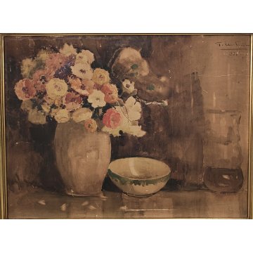 ANTICO QUADRO DIPINTO ACQUERELLO G. Lentini EPOCA 1937 NATURA MORTA vaso fiori