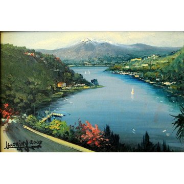  QUADRO OLIO TAVOLA Luciano Lutring VEDUTA PAESAGGIO LACUSTRE MANTAGNE LAGO 2009