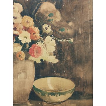 ANTICO QUADRO DIPINTO ACQUERELLO G. Lentini EPOCA 1937 NATURA MORTA vaso fiori