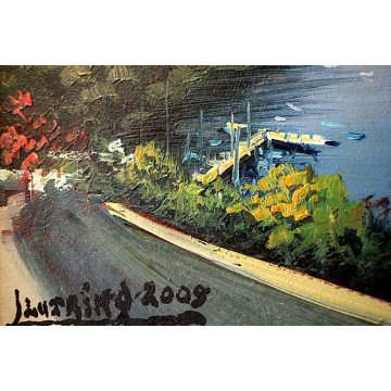  QUADRO OLIO TAVOLA Luciano Lutring VEDUTA PAESAGGIO LACUSTRE MANTAGNE LAGO 2009
