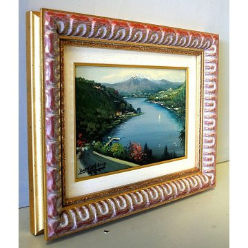  QUADRO OLIO TAVOLA Luciano Lutring VEDUTA PAESAGGIO LACUSTRE MANTAGNE LAGO 2009
