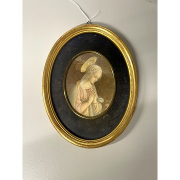vecchia miniatura MADONNA in ADORAZIONE gesù stampa dipinta CORNICE OVALE DORATA