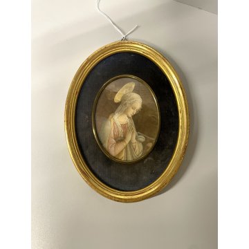 vecchia miniatura MADONNA in ADORAZIONE gesù stampa dipinta CORNICE OVALE DORATA