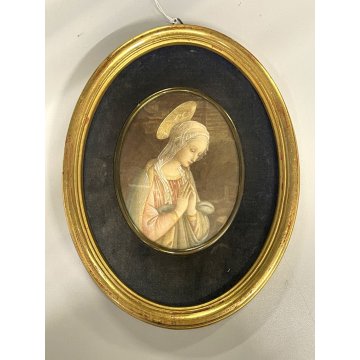vecchia miniatura MADONNA in ADORAZIONE gesù stampa dipinta CORNICE OVALE DORATA