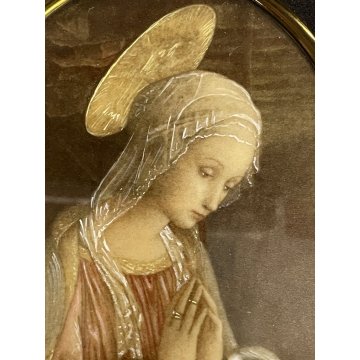 vecchia miniatura MADONNA in ADORAZIONE gesù stampa dipinta CORNICE OVALE DORATA