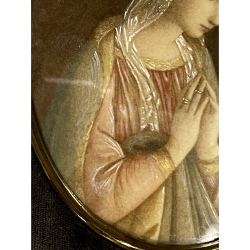 vecchia miniatura MADONNA in ADORAZIONE gesù stampa dipinta CORNICE OVALE DORATA