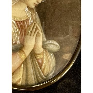 vecchia miniatura MADONNA in ADORAZIONE gesù stampa dipinta CORNICE OVALE DORATA