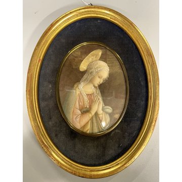 vecchia miniatura MADONNA in ADORAZIONE gesù stampa dipinta CORNICE OVALE DORATA