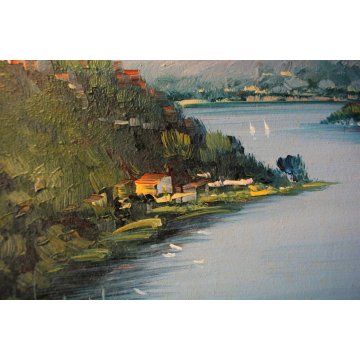  QUADRO OLIO TAVOLA Luciano Lutring VEDUTA PAESAGGIO LACUSTRE MANTAGNE LAGO 2009