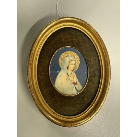 antica miniatura dipinta VERGINE MARIA sacra icona Madonna CORNICE OVALE DORATA