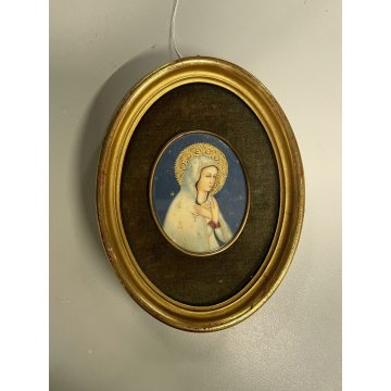 antica miniatura dipinta VERGINE MARIA sacra icona Madonna CORNICE OVALE DORATA